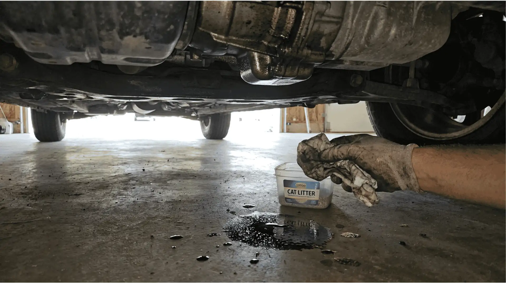 hand reaching with a clean rag to quickly wipe a fresh oil drip under a parked car
