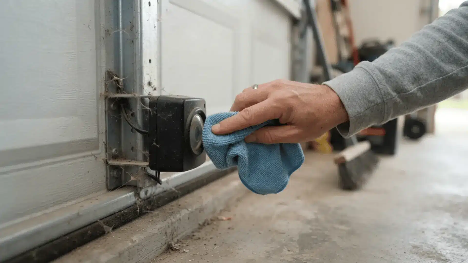 a hand wipes dust and cobwebs from a garage door safety sensor with a blue cloth near the lower track