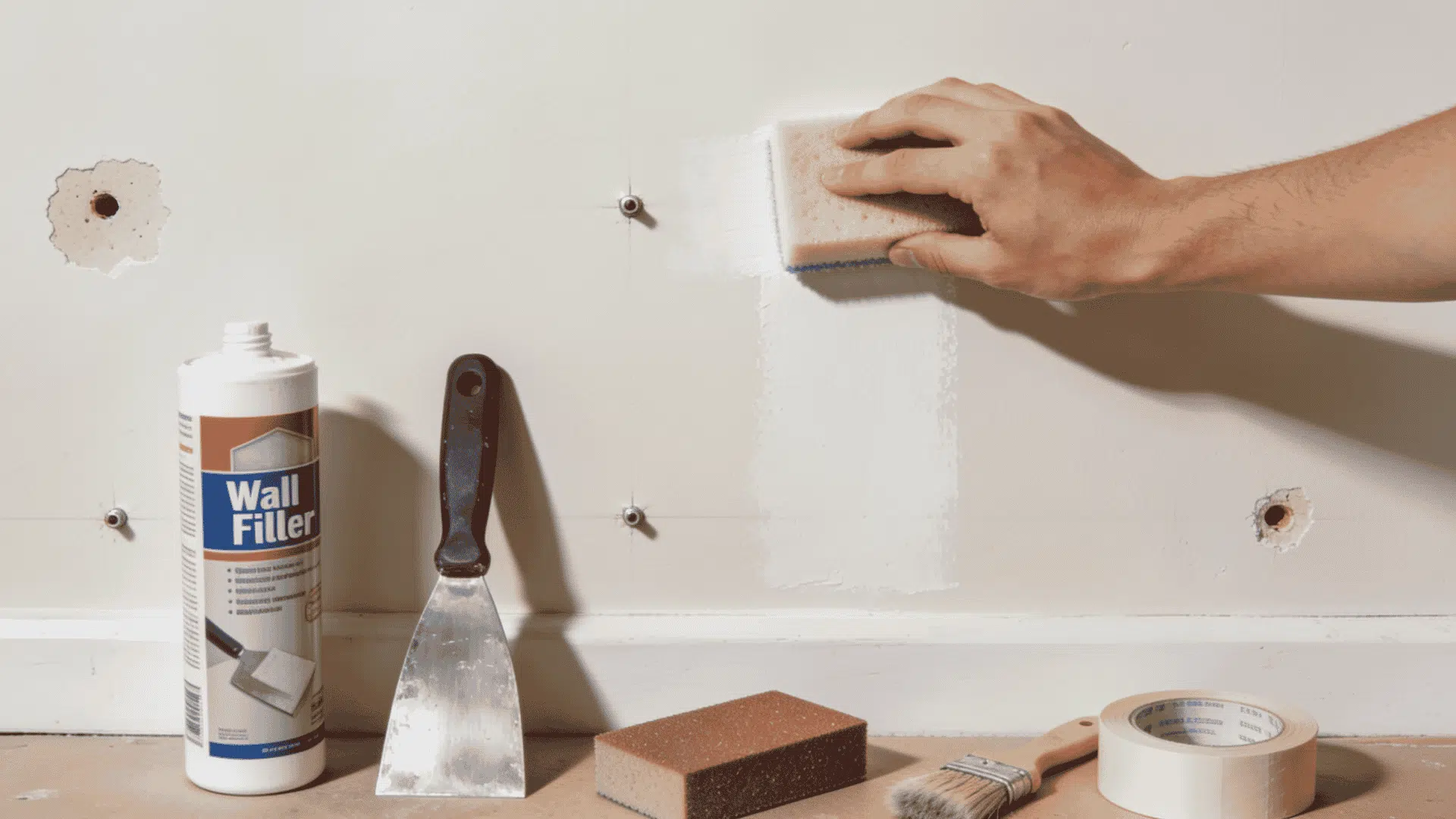 person cleaning and preparing an interior wall with filler sanding tools and supplies