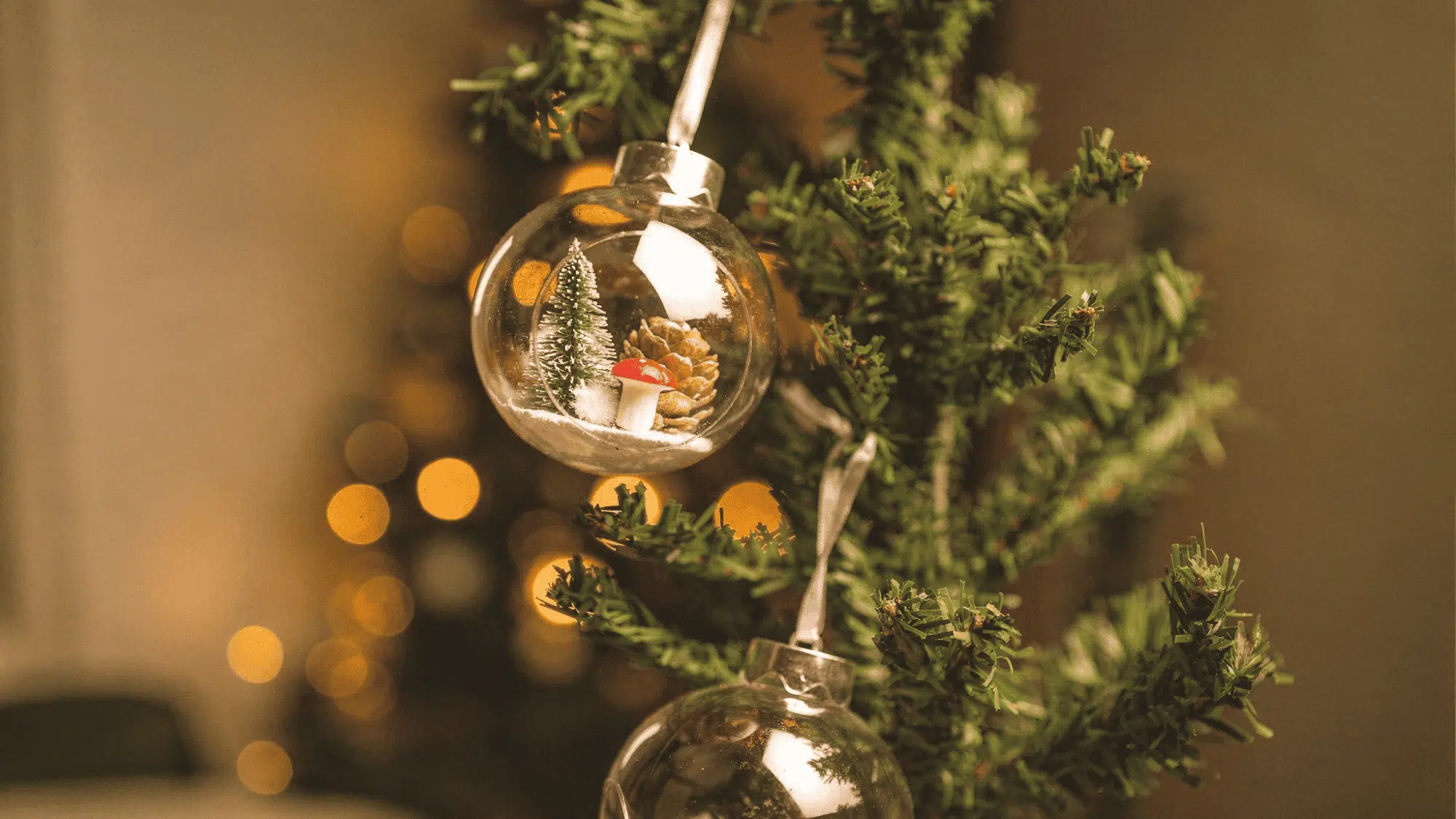 clear glass ornament with a photo inside hanging on a pine branch with fairy lights