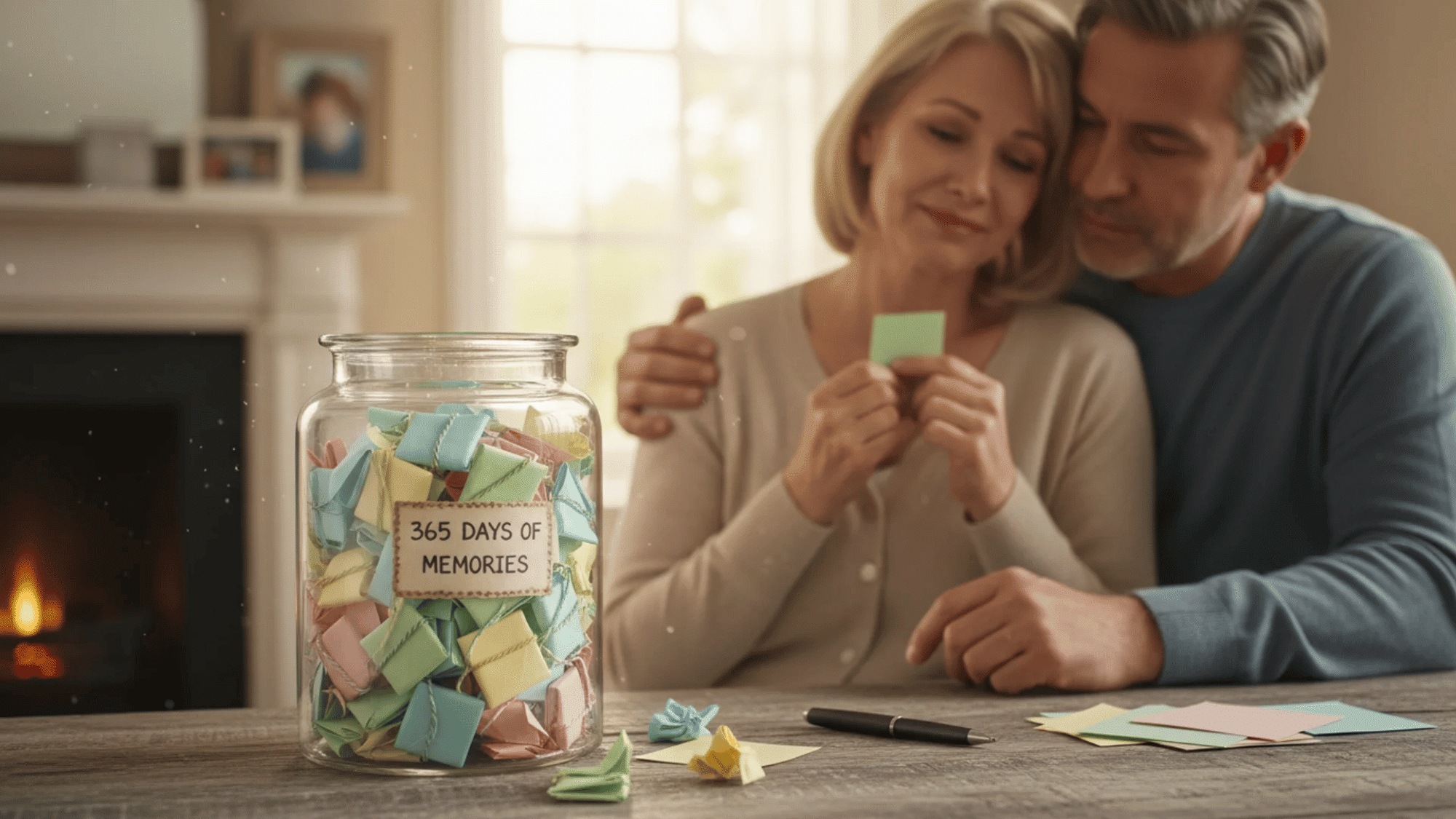 clear mason jar packed with folded paper notes, a few spilled beside it on linen