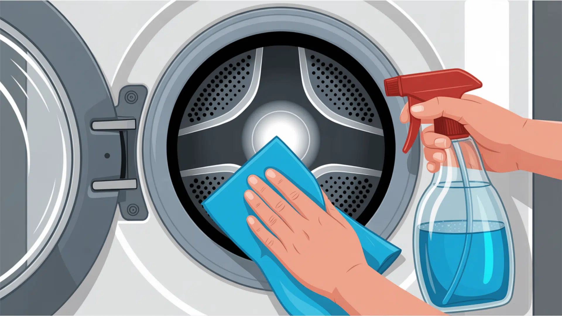 close up of a hand using a blue microfiber cloth to wipe the grey rubber door seal of a front load washing machine