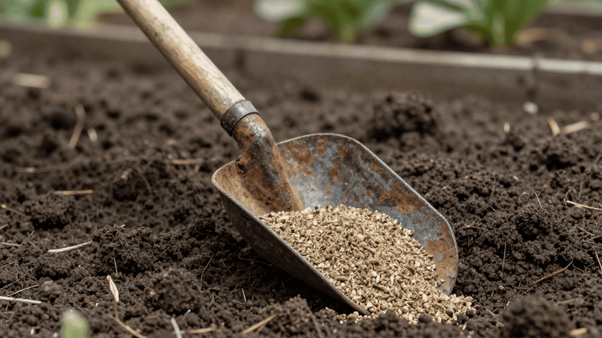 close up of a rusted garden scoop holding fertilizer over dark dense soil with a blurred garden background