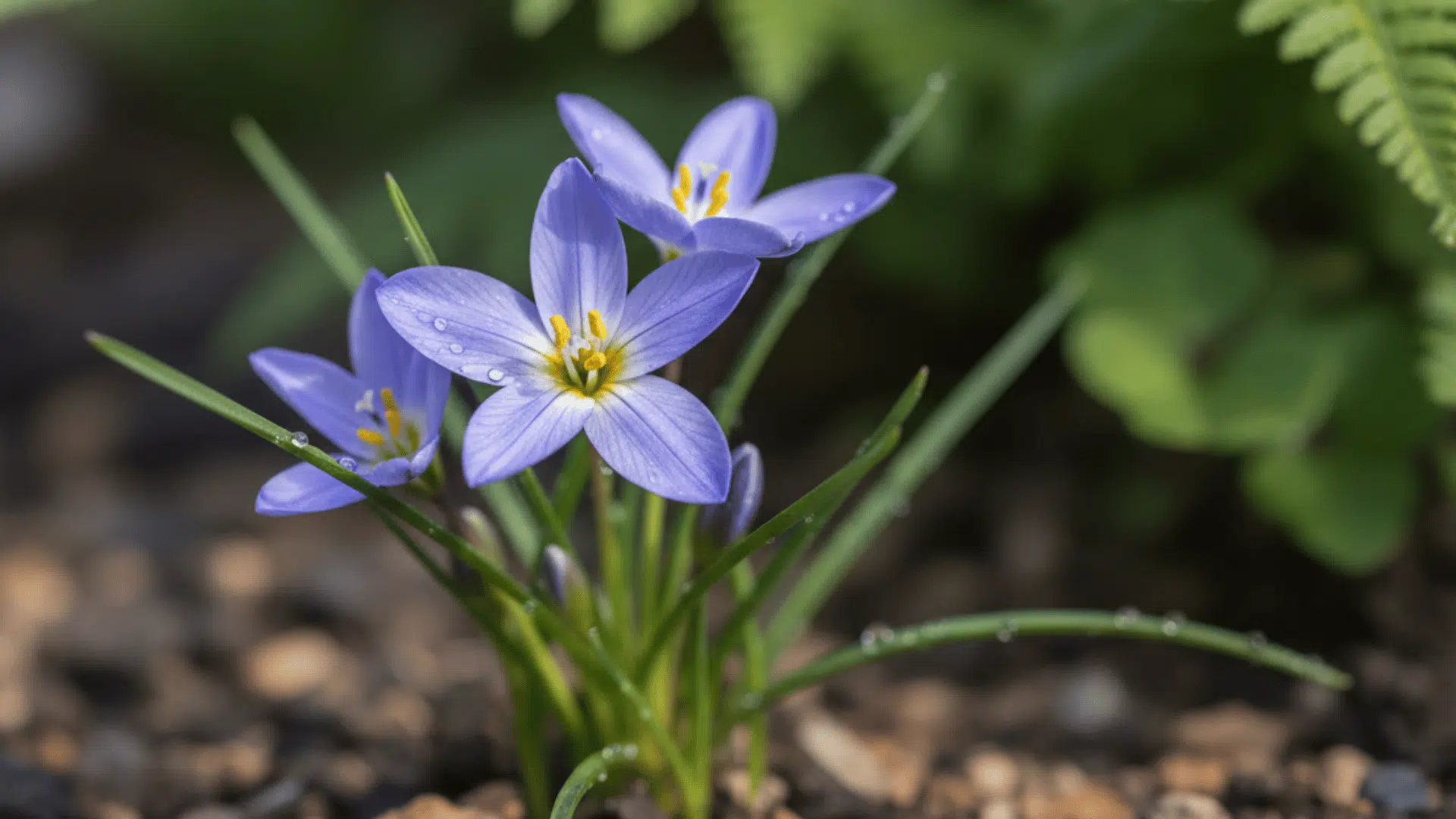 Close-up of blue eyed grass flowers with soft lavender-blue petals, yellow centers, and thin green leaves growing in moist garden soil with blurred green foliage in the background.