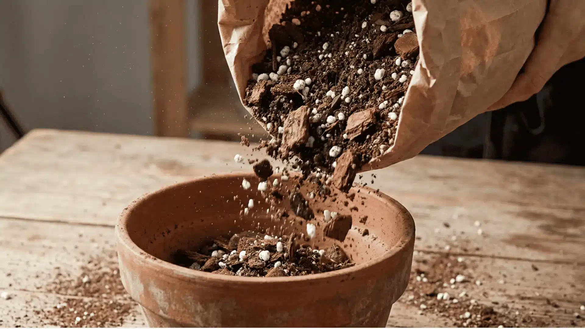 close up of chunky well draining potting mix with perlite and bark poured into a pot