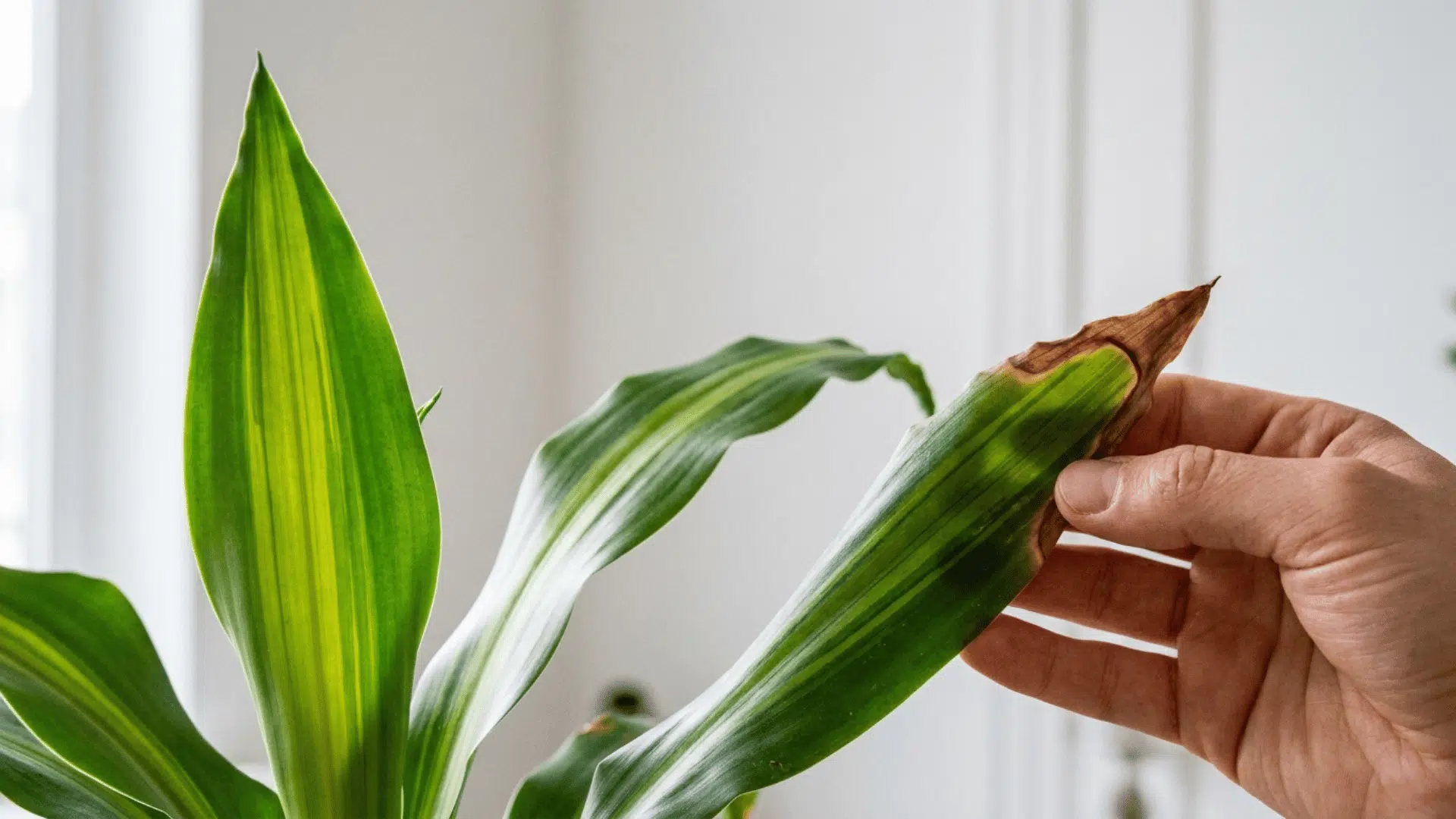 close up of corn plant leaves showing healthy drooping and brown tipped leaves for care comparison