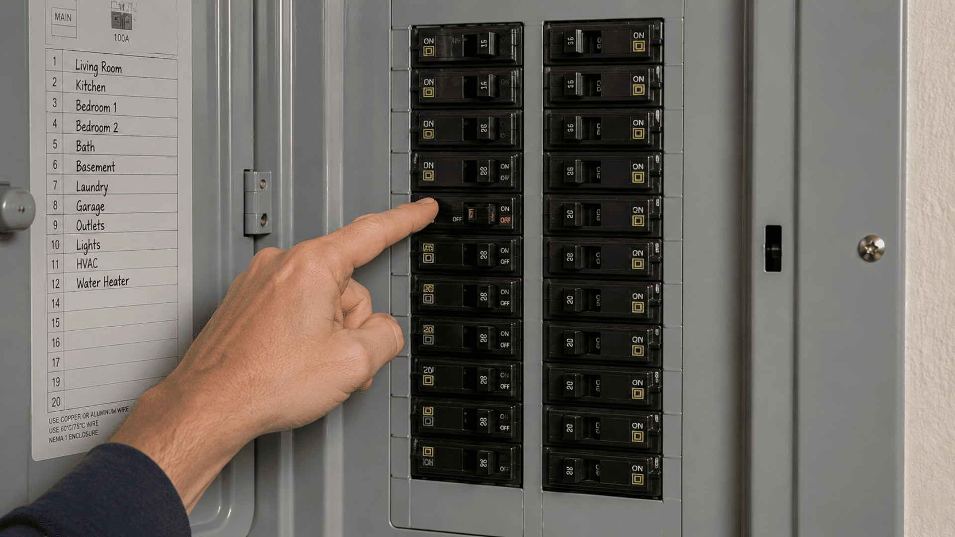 close up of electrical panel showing tripped breaker identified among multiple circuit switches