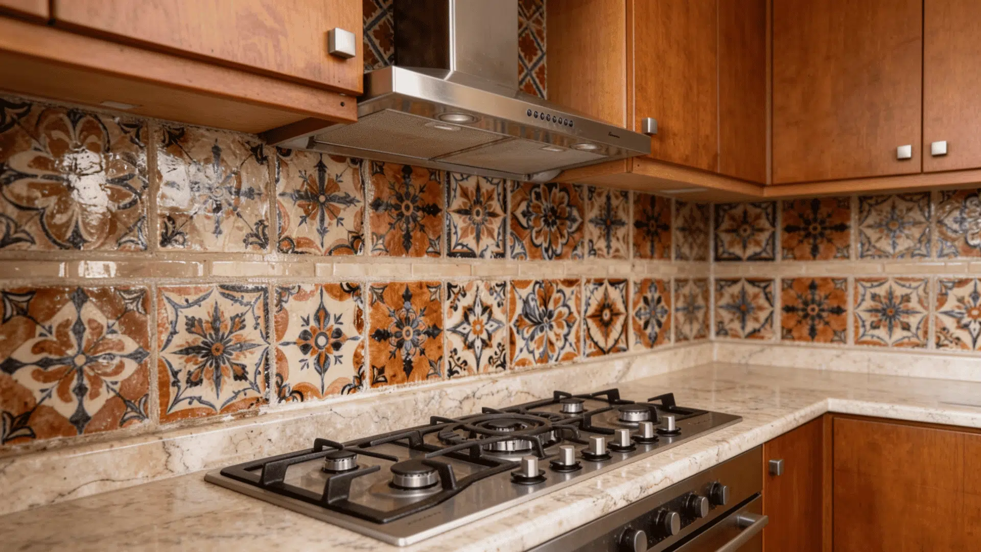 close up of hand painted moroccan encaustic kitchen backsplash tiles in terracotta navy blue and cream pattern (1)