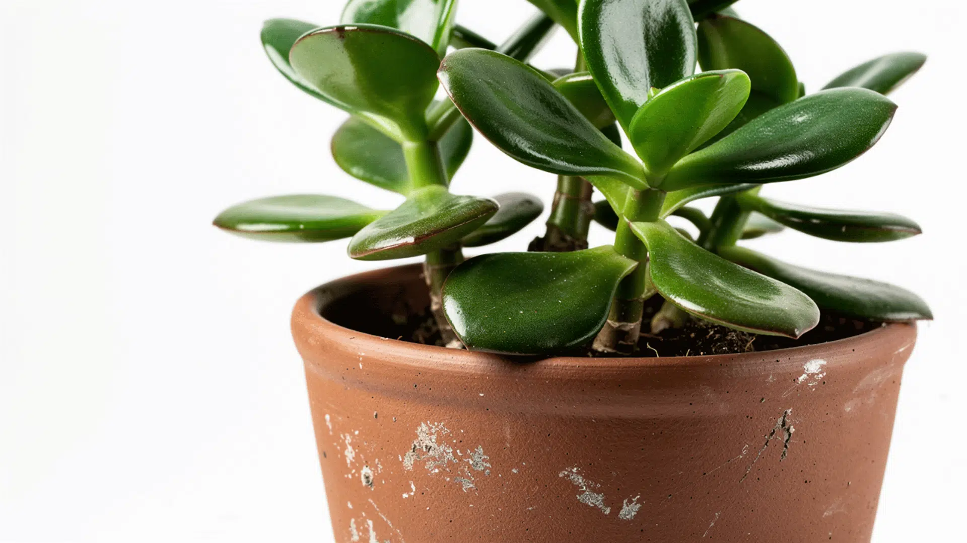 close up of jade plant with thick glossy dark green oval leaves growing from woody stems in a weathered terracotta pot