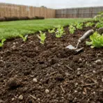 Close-up of rich dark topsoil in a backyard garden bed with small leafy vegetables and herbs growing in neat rows.
