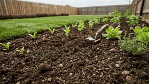 Close-up of rich dark topsoil in a backyard garden bed with small leafy vegetables and herbs growing in neat rows.