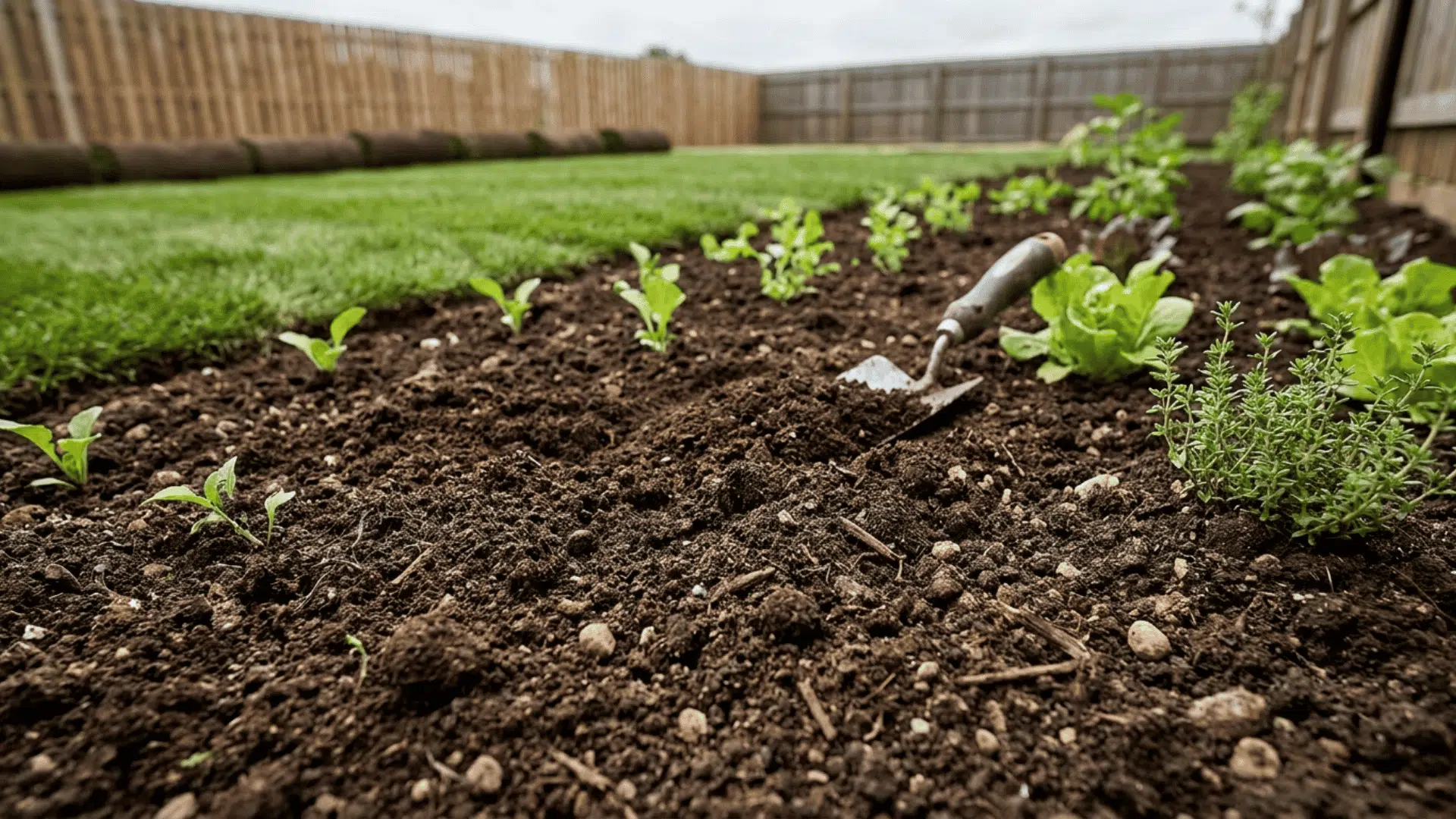 Close-up of rich dark topsoil in a backyard garden bed with small leafy vegetables and herbs growing in neat rows.