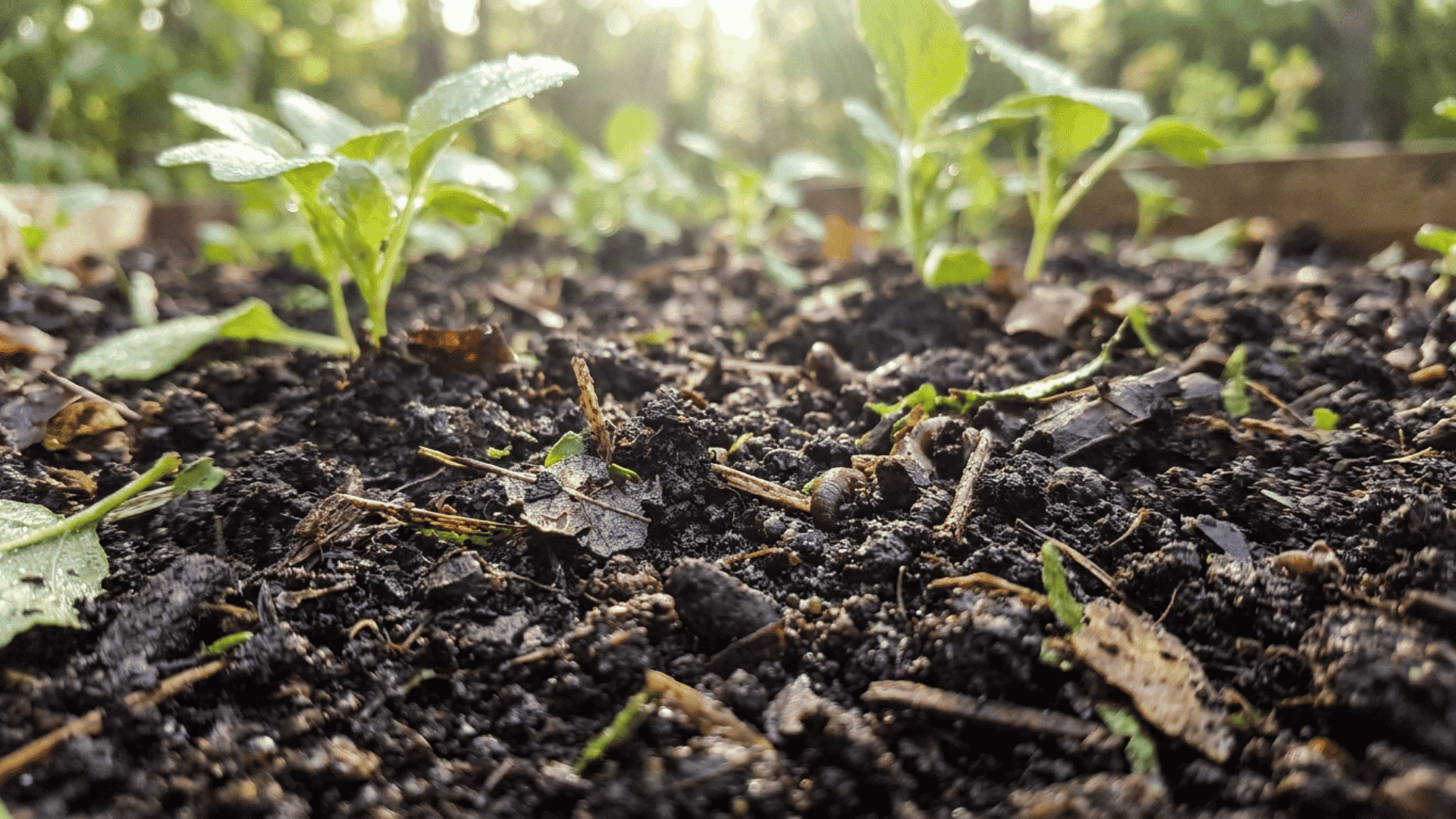 Close-up of rich organic garden soil with small healthy green seedlings growing in natural sunlight. Moist dark earth with detailed texture, tiny leaves, and a soft blurred garden background creat