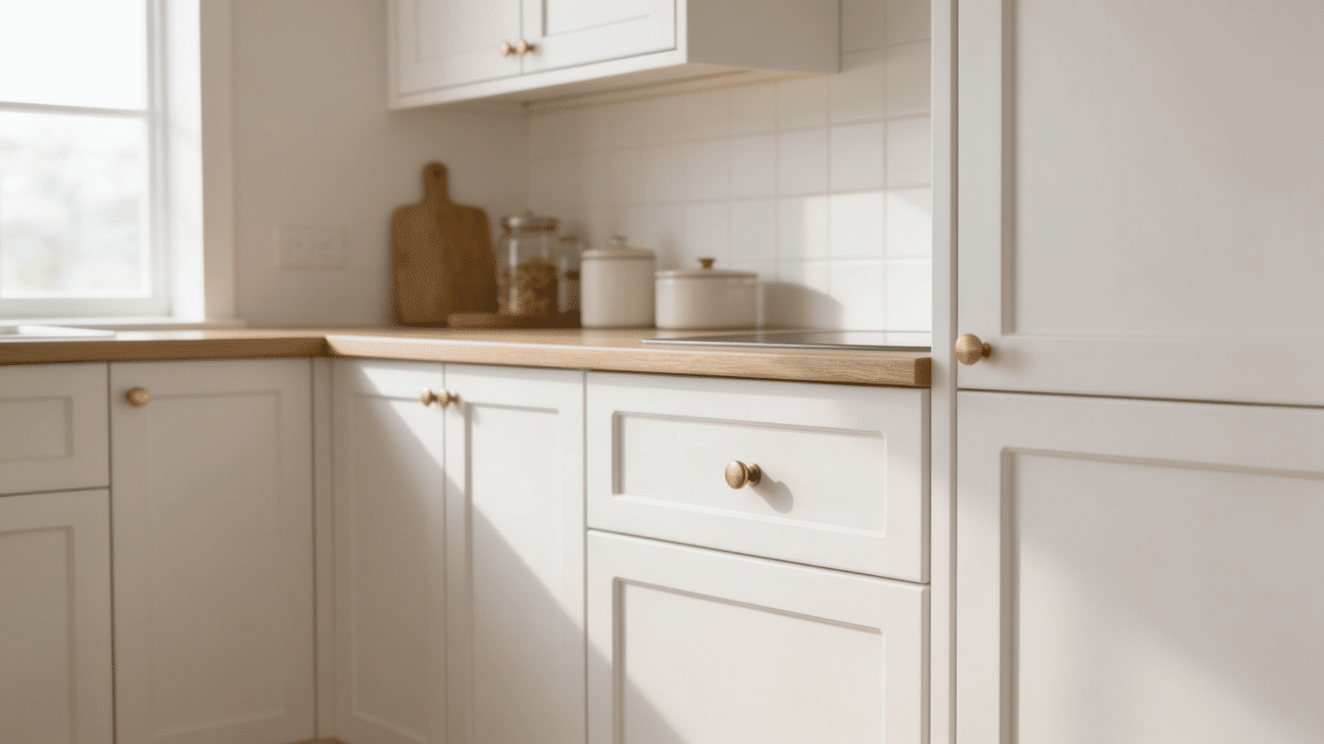 close up of white shaker kitchen cabinets with brushed brass knobs and drawer pulls in warm natural light