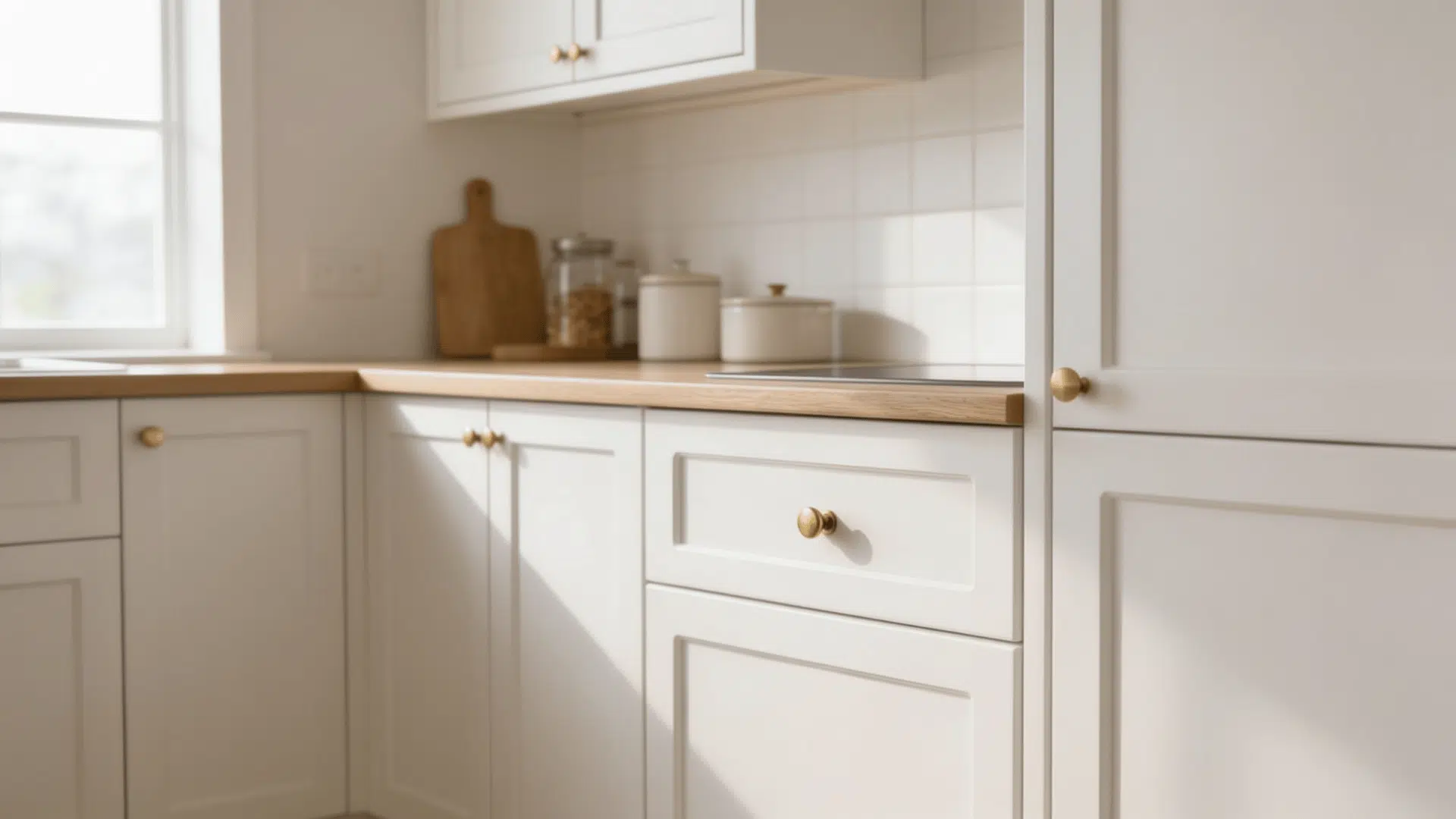 close up of white shaker kitchen cabinets with brushed brass knobs and drawer pulls in warm natural light