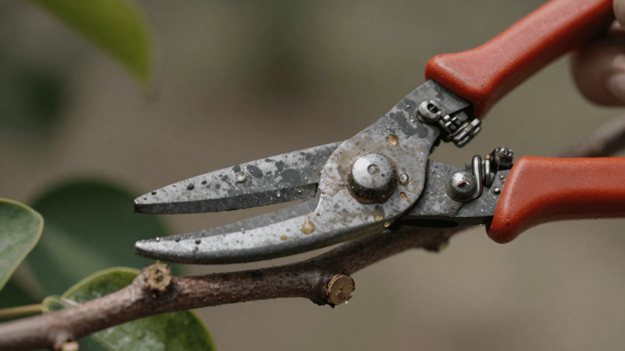 close up of worn stained garden shears cutting a thick woody mandevilla stem with visible sap