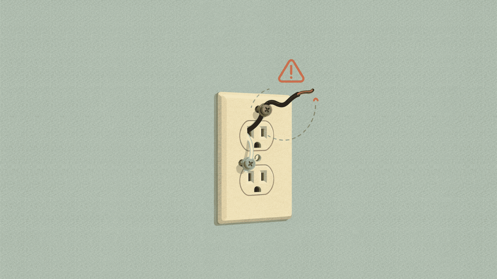 close up vector illustration showing a common loose wiring mistake on a wall plug with small warning symbol