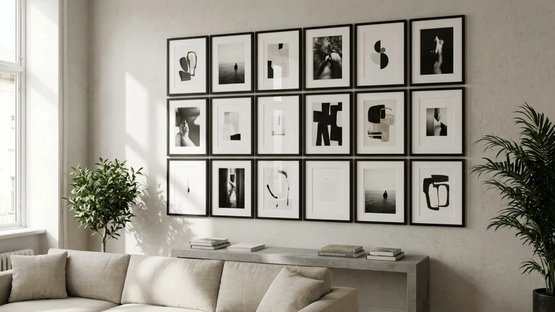 closely arranged gallery wall with matching frames placed edge to edge