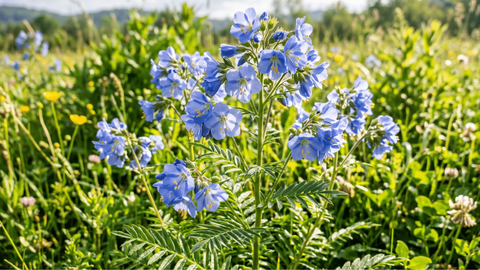 cluster of delicate jacob’s ladder blue wildflowers blooms in a sunlit meadow filled with green foliage and other small yellow and pink flowers.