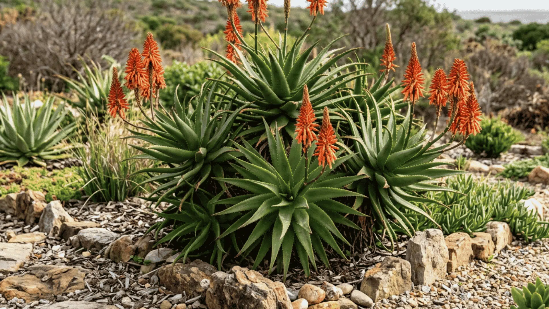 cluster of green aloe plants with orange flower spikes in a rocky succulent garden overlooking distant hills