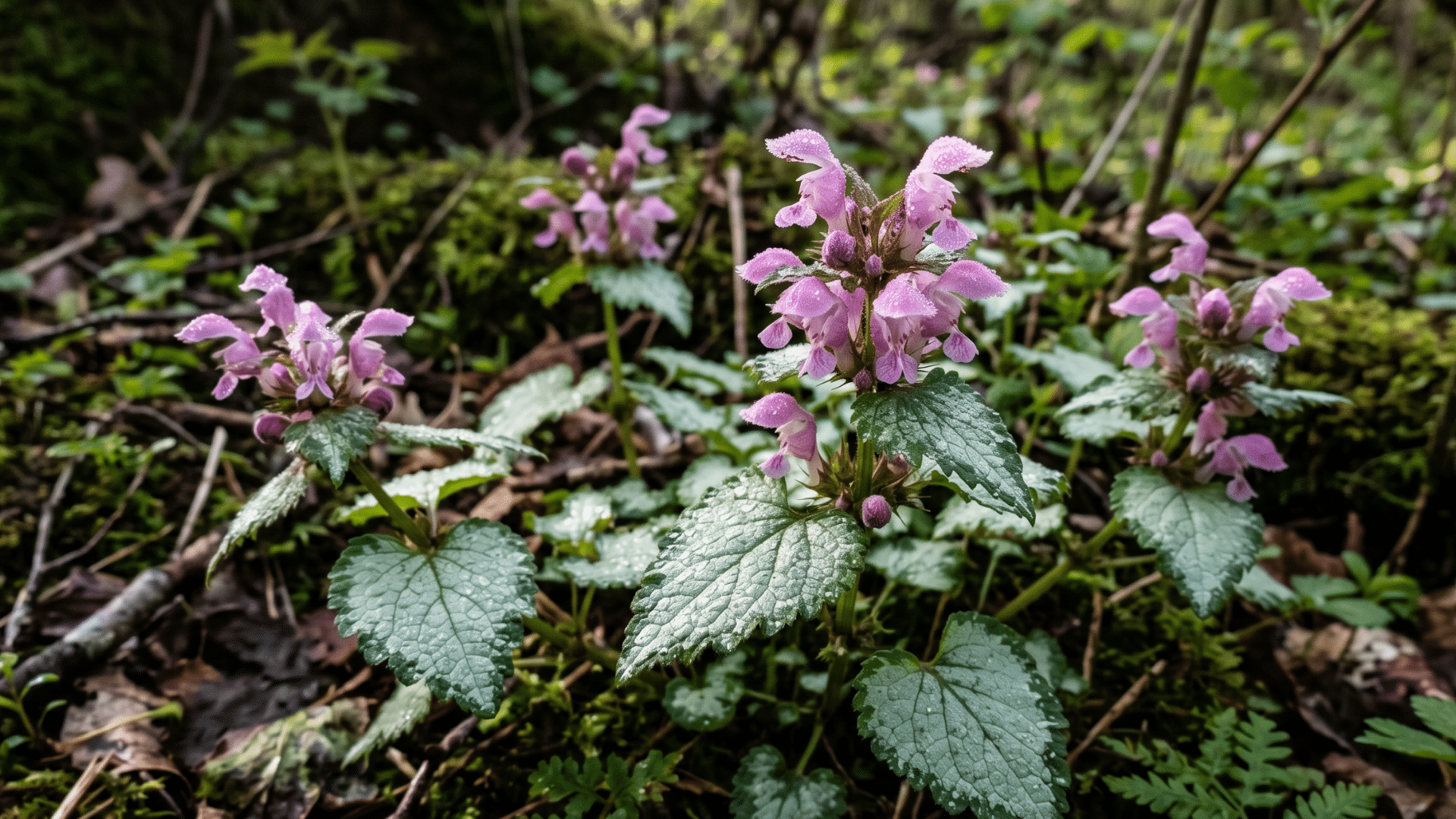 cluster of pink  spotted deadnettle flowers bloom in a forest setting with moss-covered logs and ferns in the background.
