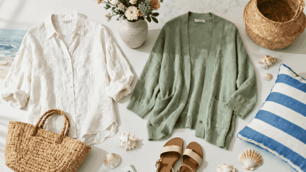 coastal grandmother aesthetic with linen clothing woven handbag sandals and relaxed seaside inspired style