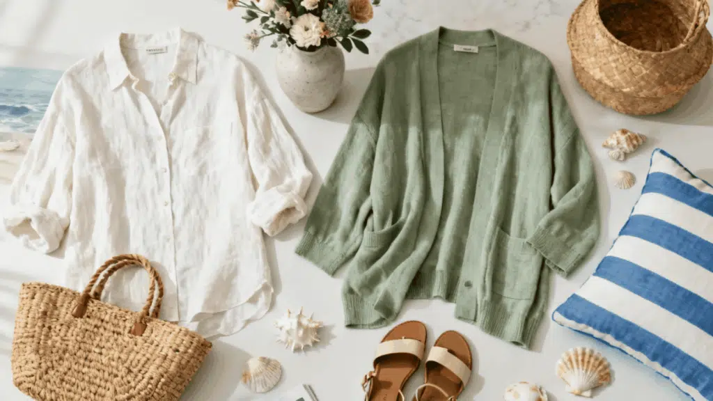 coastal grandmother aesthetic with linen clothing woven handbag sandals and relaxed seaside inspired style