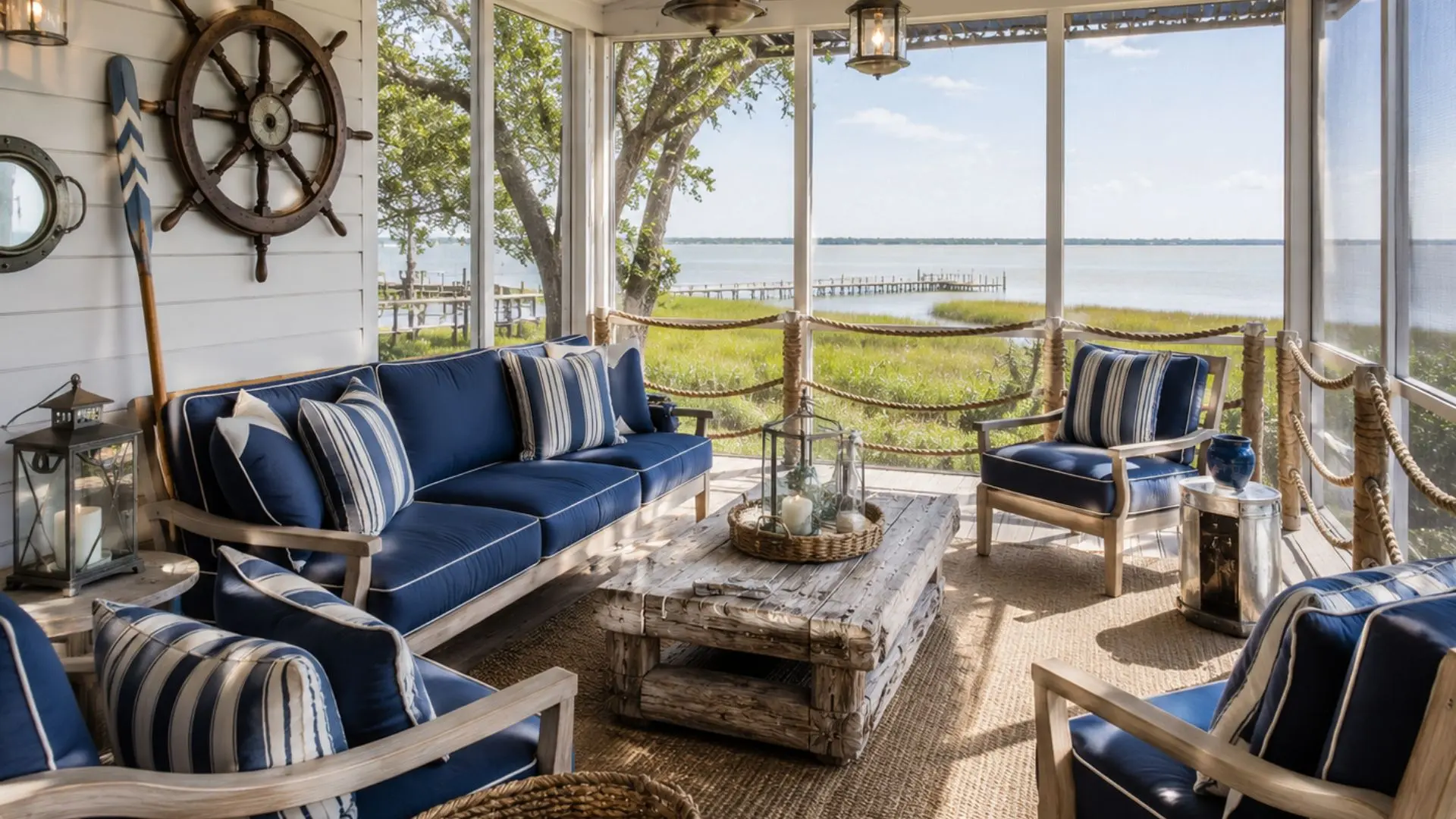 navy cushion sofa and armchairs around a driftwood coffee table with a ship wheel mounted on shiplap wall