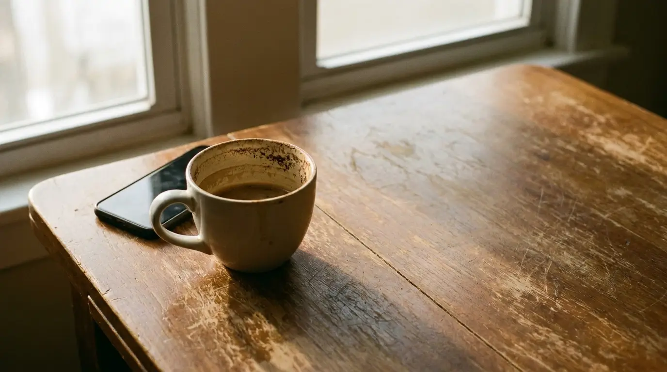 Coffee cup and smartphone on rustic wooden table near window in natural light