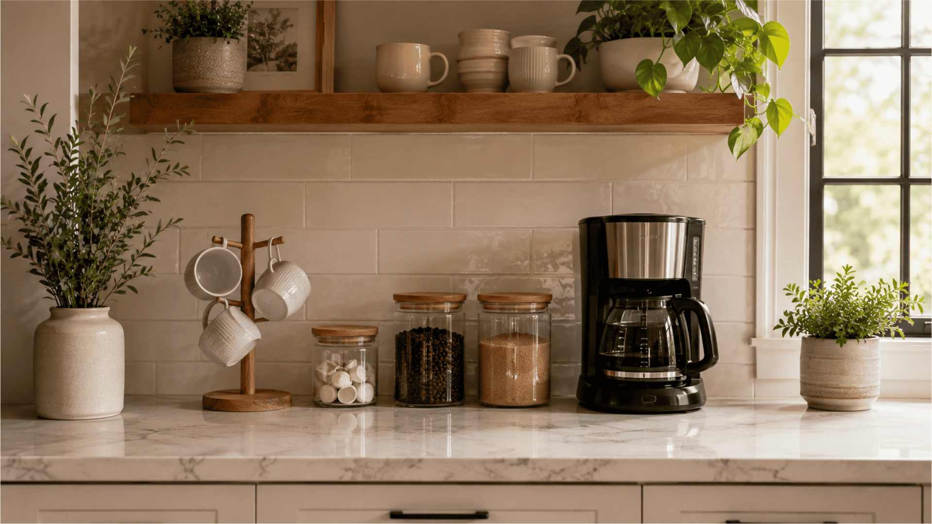 coffee station with mugs glass jars and coffee maker on a marble countertop beneath wooden shelf and plants