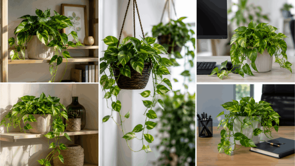 collage showing pothos plants on shelves hanging baskets and office desks with lush trailing green vines indoors