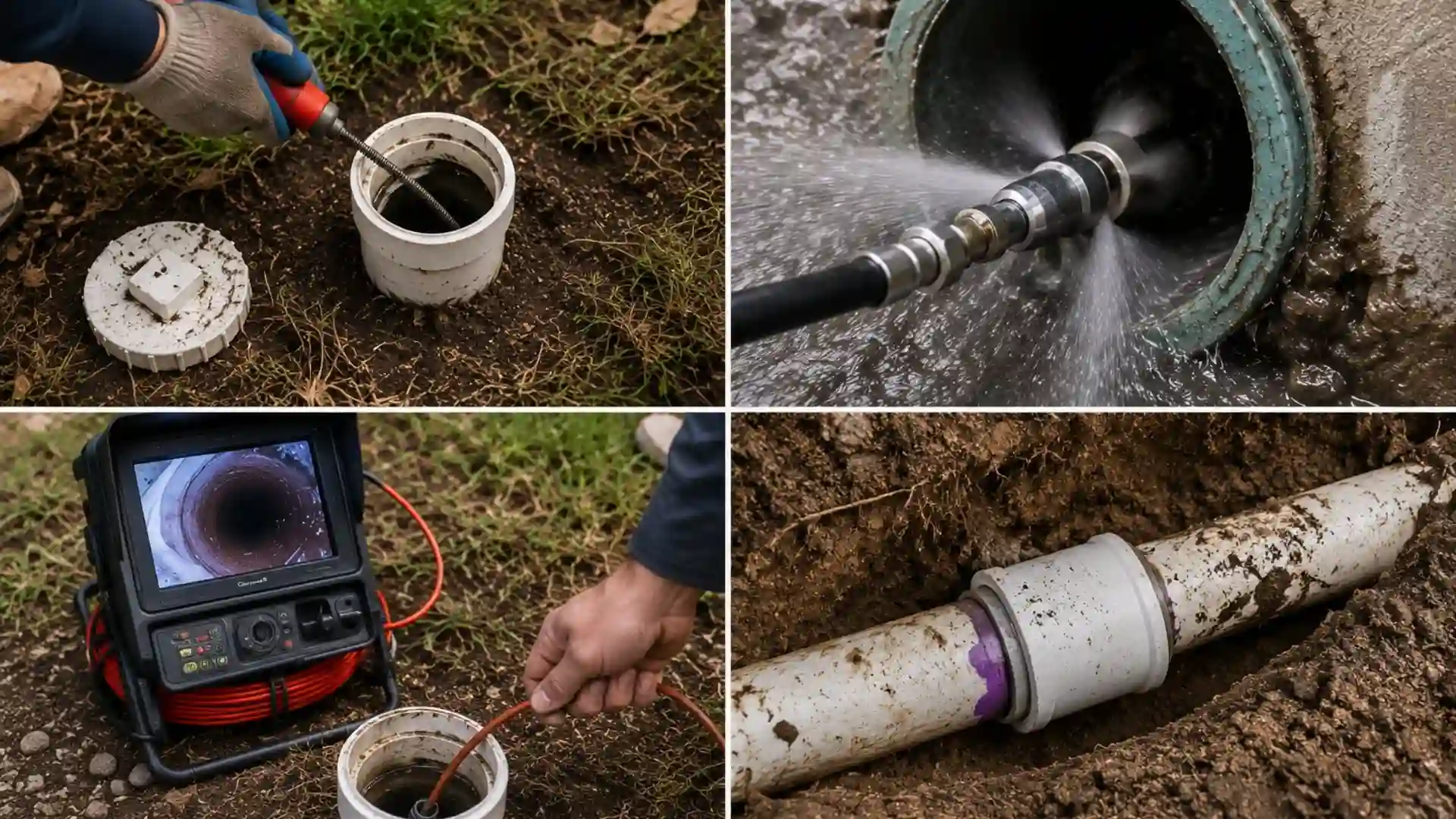 collage showing sewer line repair methods including drain snaking, hydro jetting, camera pipe inspection, and underground pipe replacement work