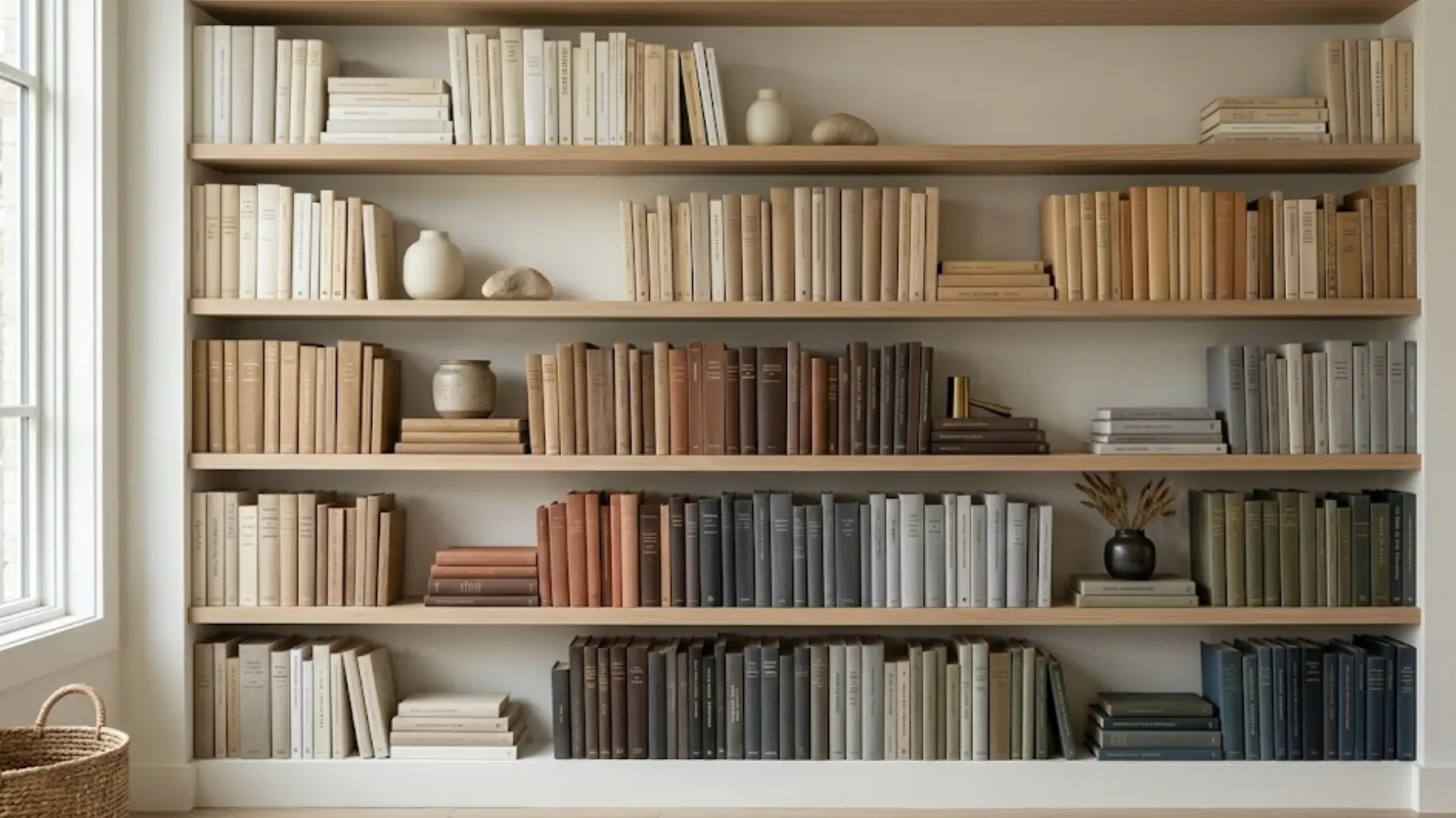 built-in shelves with books color-coordinated in white, beige, rust, brown, grey, and navy tones