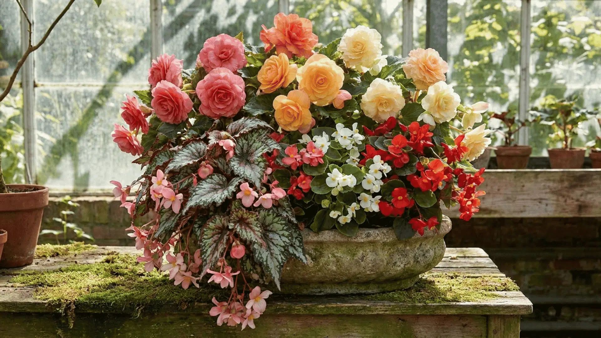 colorful flowers blooming in a stone planter inside a sunlit greenhouse with lush green plants in background