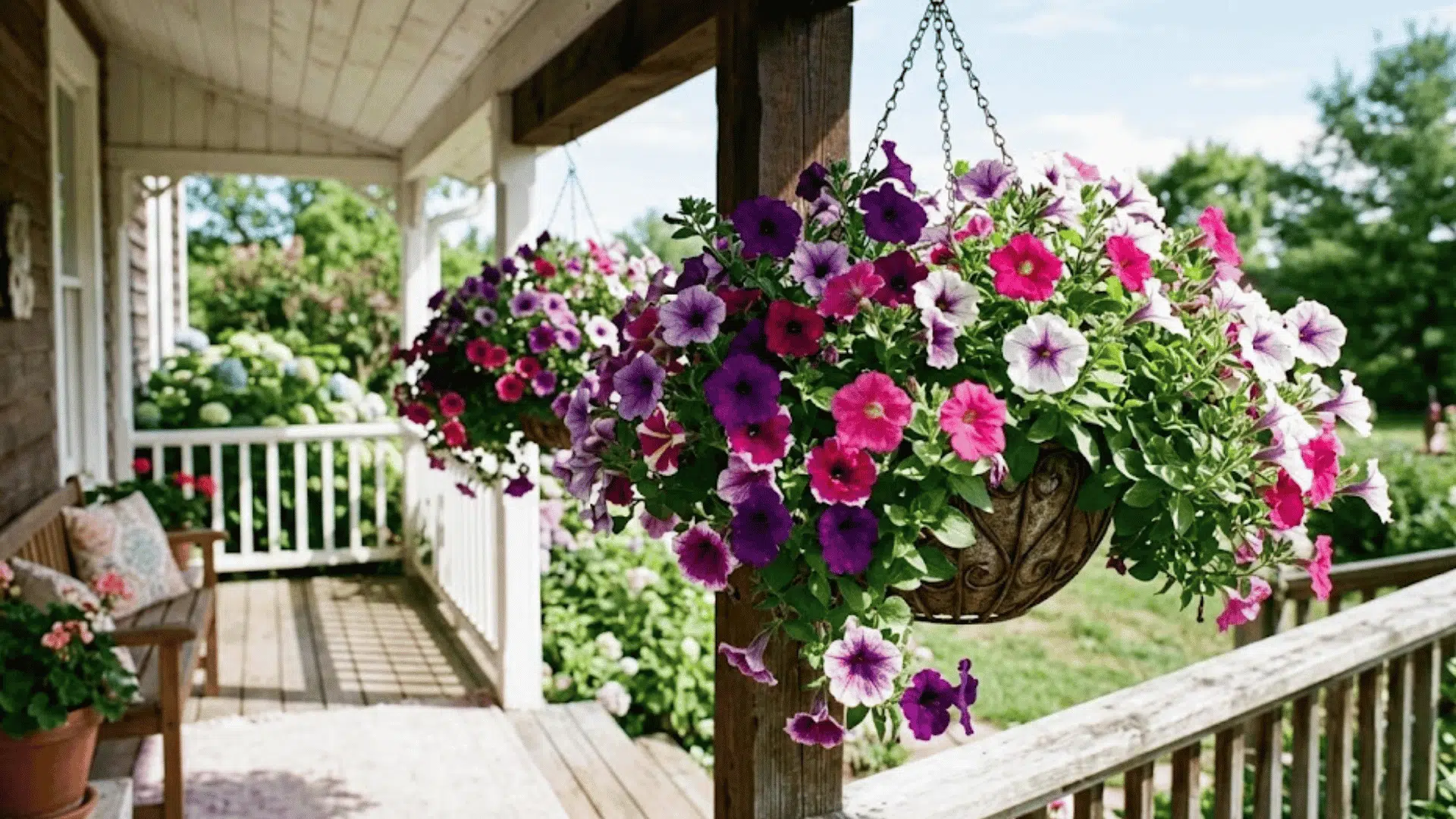 colorful hanging petunia flowers blooming on a sunny wooden porch with garden view