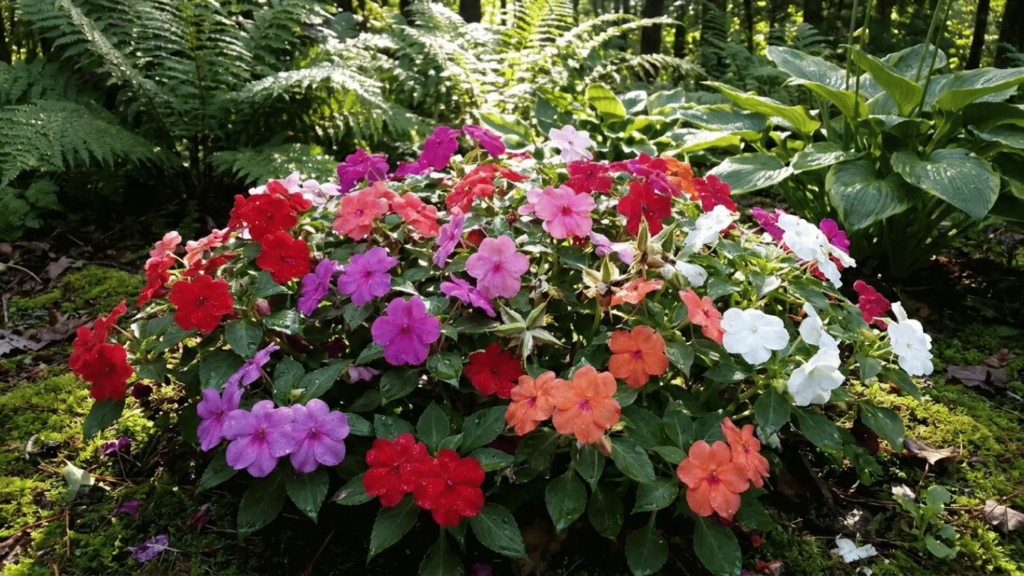 colorful impatiens flowers blooming on mossy ground in a shaded garden surrounded by lush green ferns and plants
