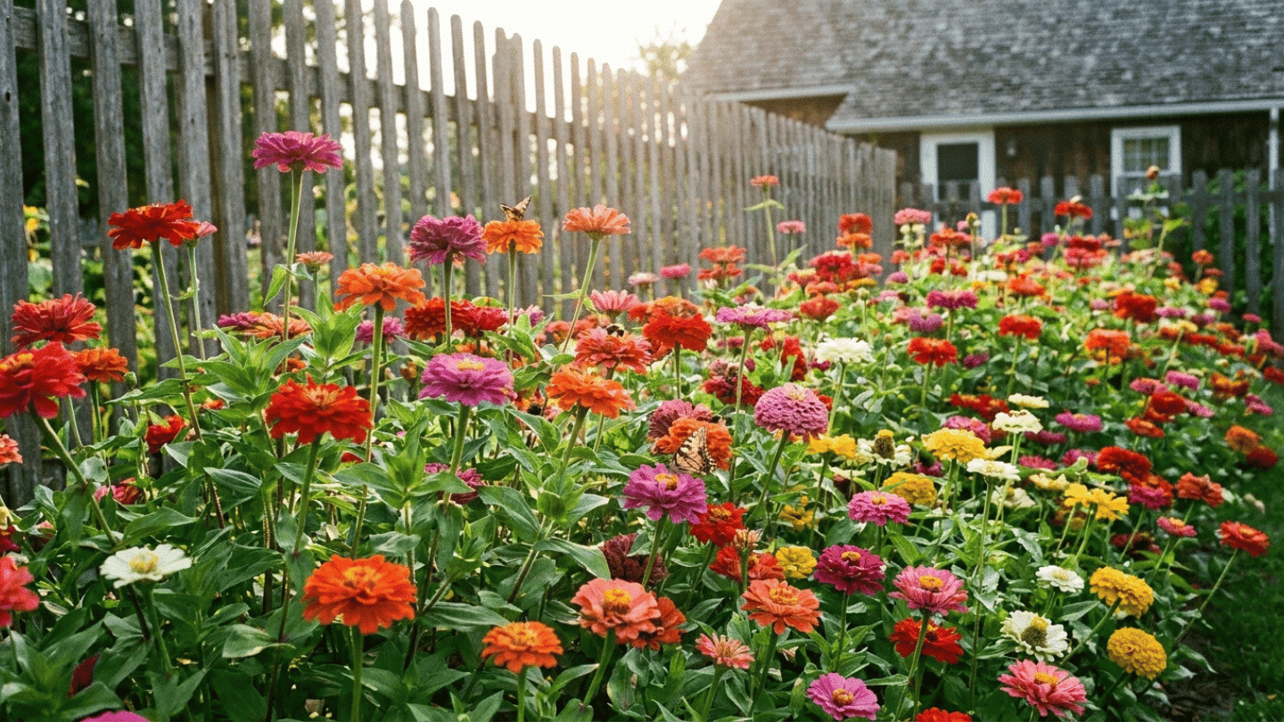 colorful zinnia flowers blooming beside a wooden fence with sunlight shining over a lush garden path