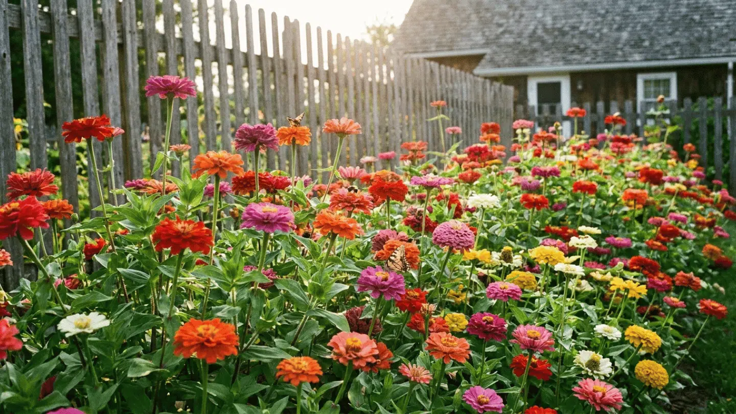 colorful zinnia flowers blooming beside a wooden fence with sunlight shining over a lush garden path