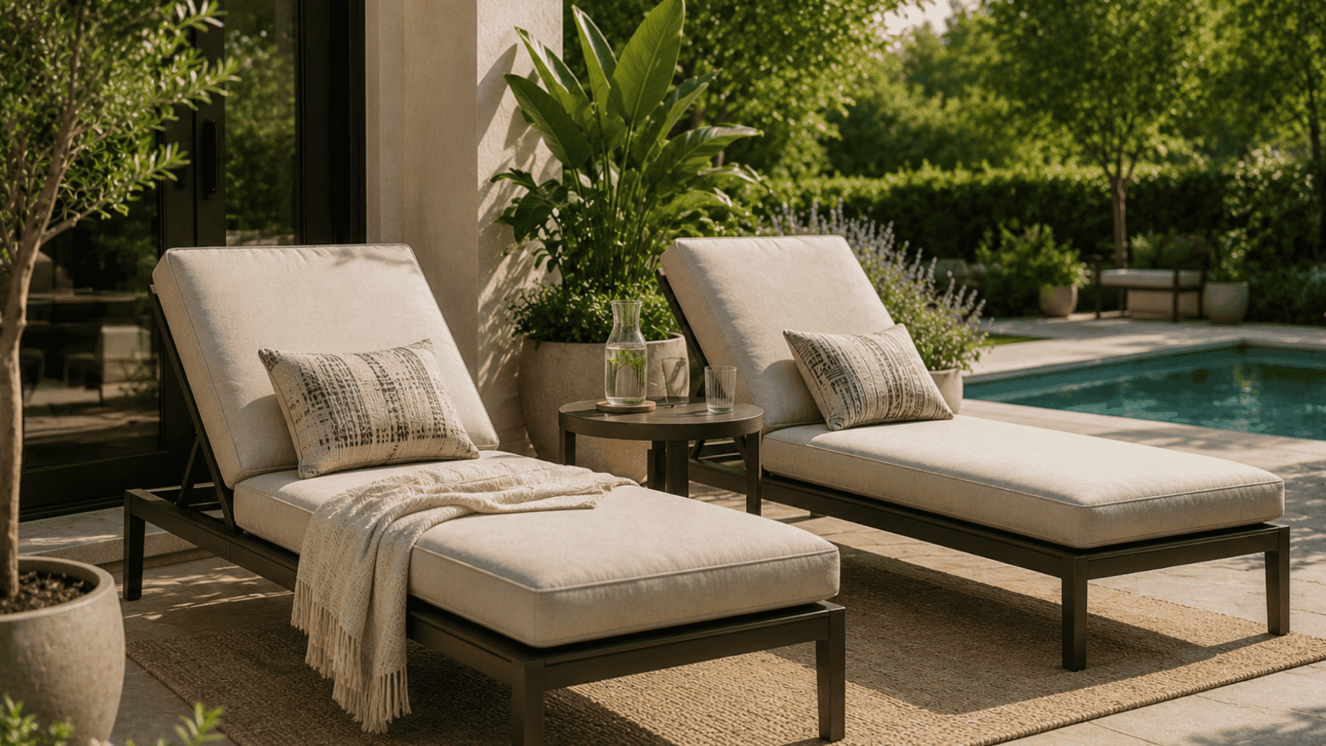 comfortable outdoor lounge chairs with cushions placed in a peaceful backyard relaxation space