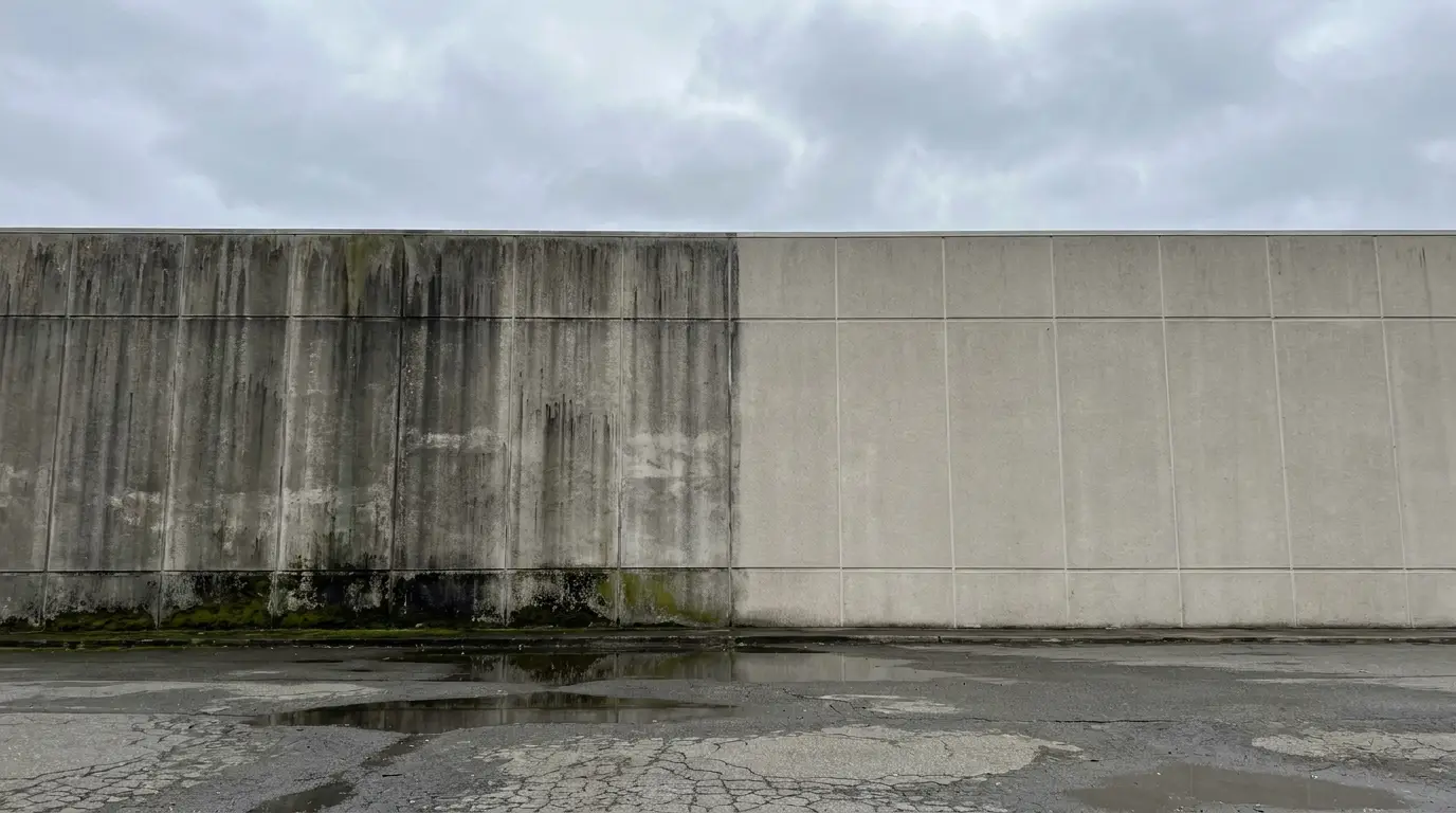 Weathered concrete wall with visible moss and cracks in overcast outdoor setting