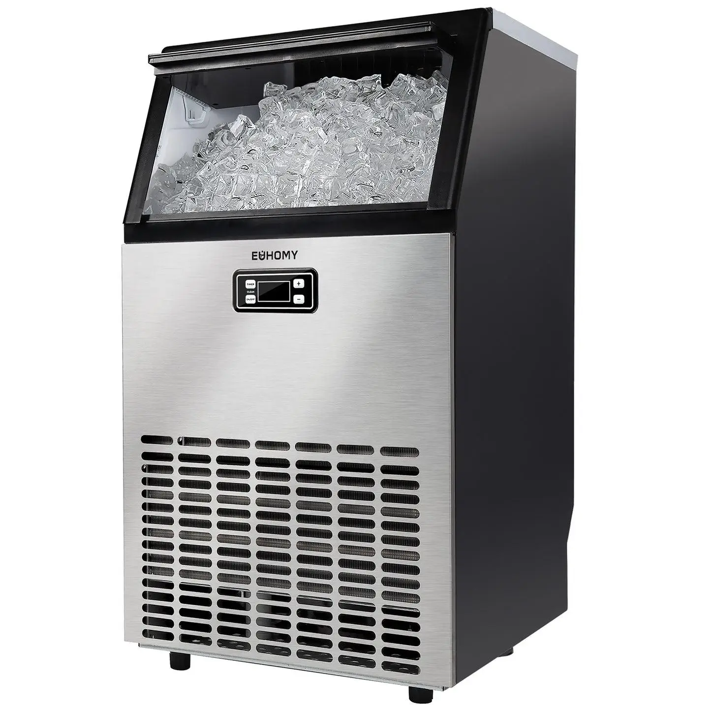 Stainless steel ice maker filled with ice cubes in sleek modern design