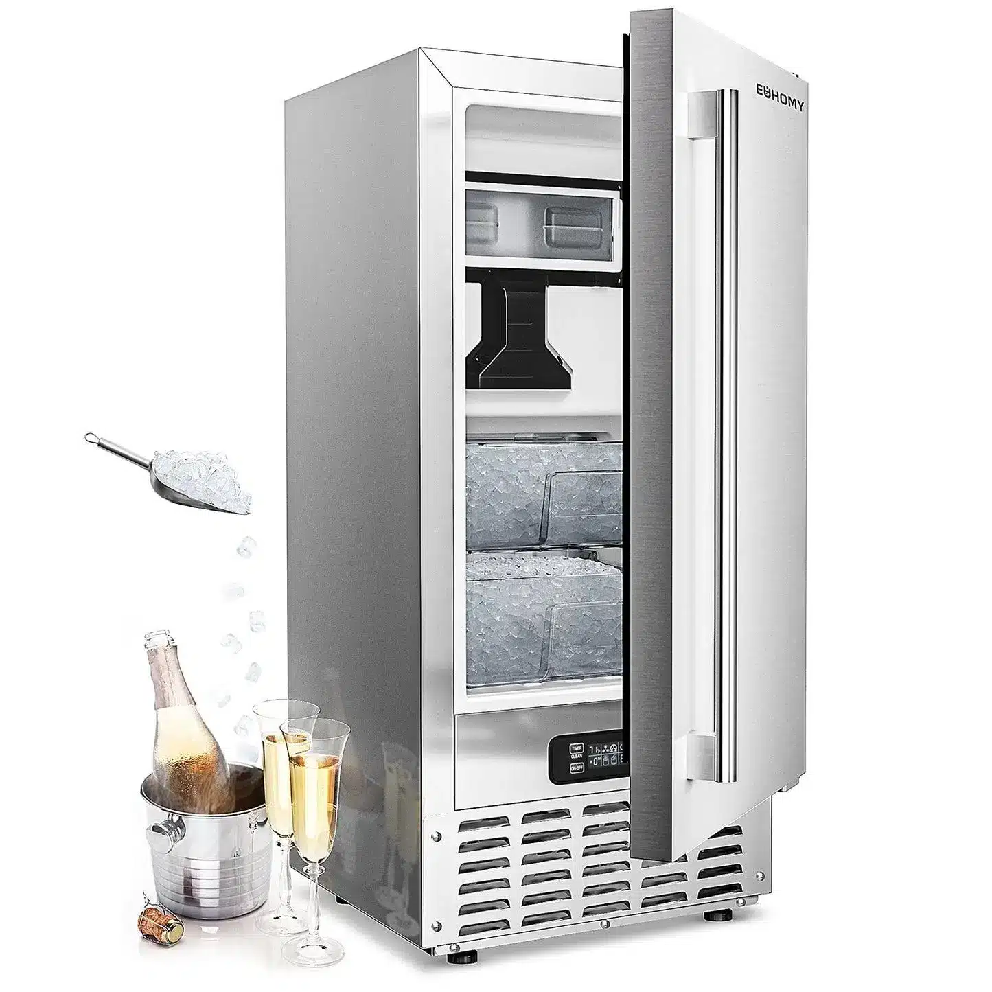 Stainless steel ice maker with open door beside champagne bottle in ice bucket