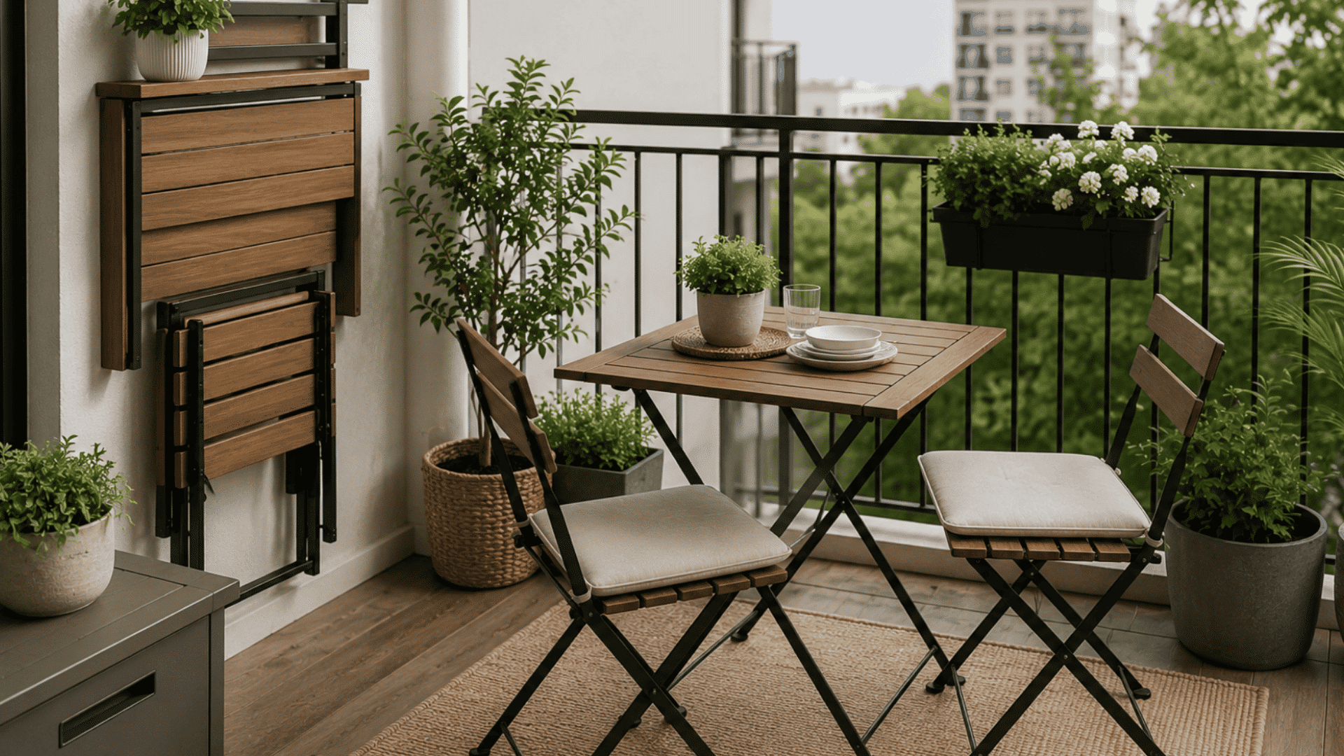 compact balcony setup with foldable furniture and smart storage solutions for small spaces