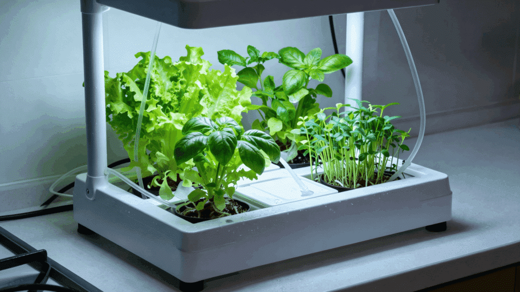 compact nft hydroponic system on a kitchen countertop growing leafy greens basil and microgreens under cool indoor led grow lights