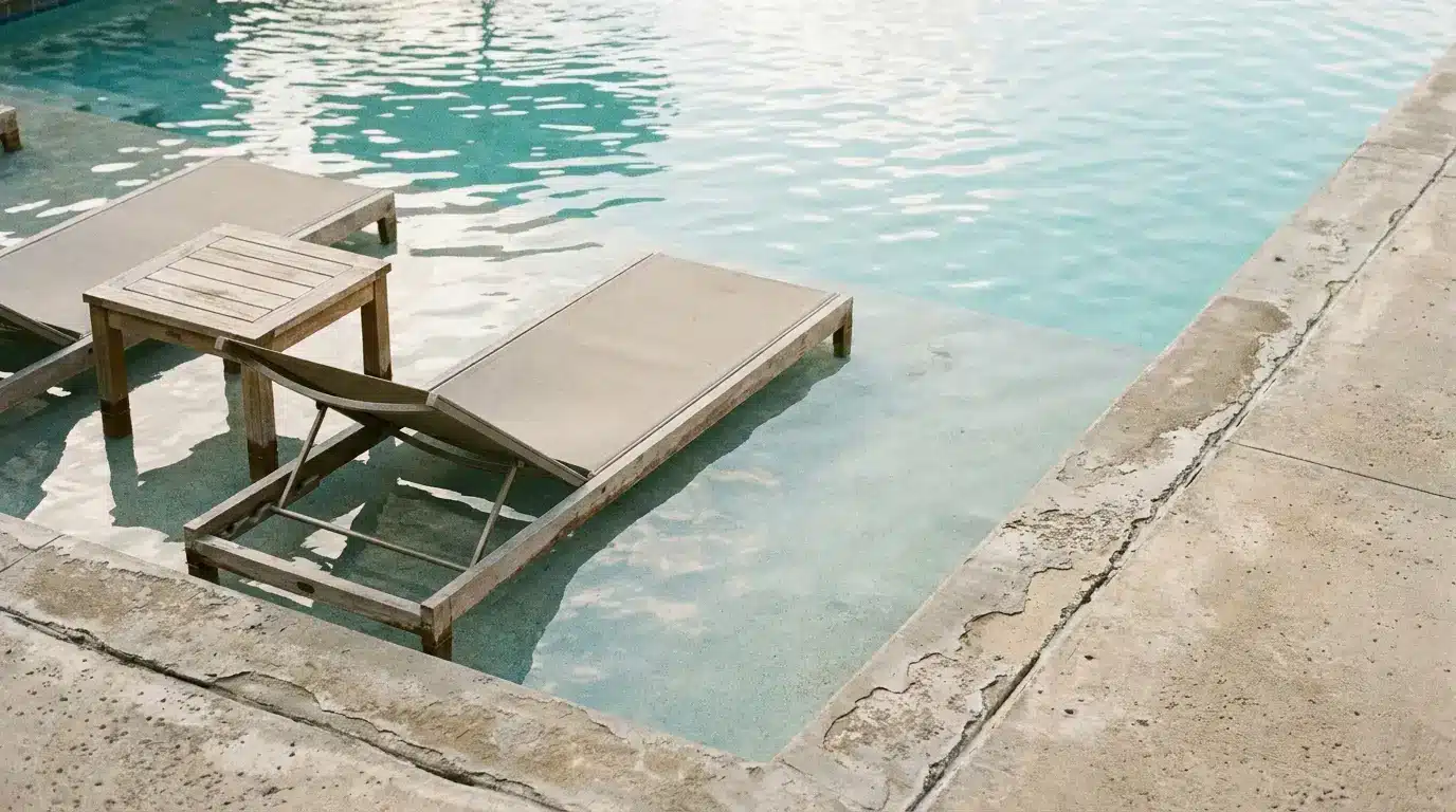 Chaise lounge chairs and wooden table partially submerged in swimming pool
