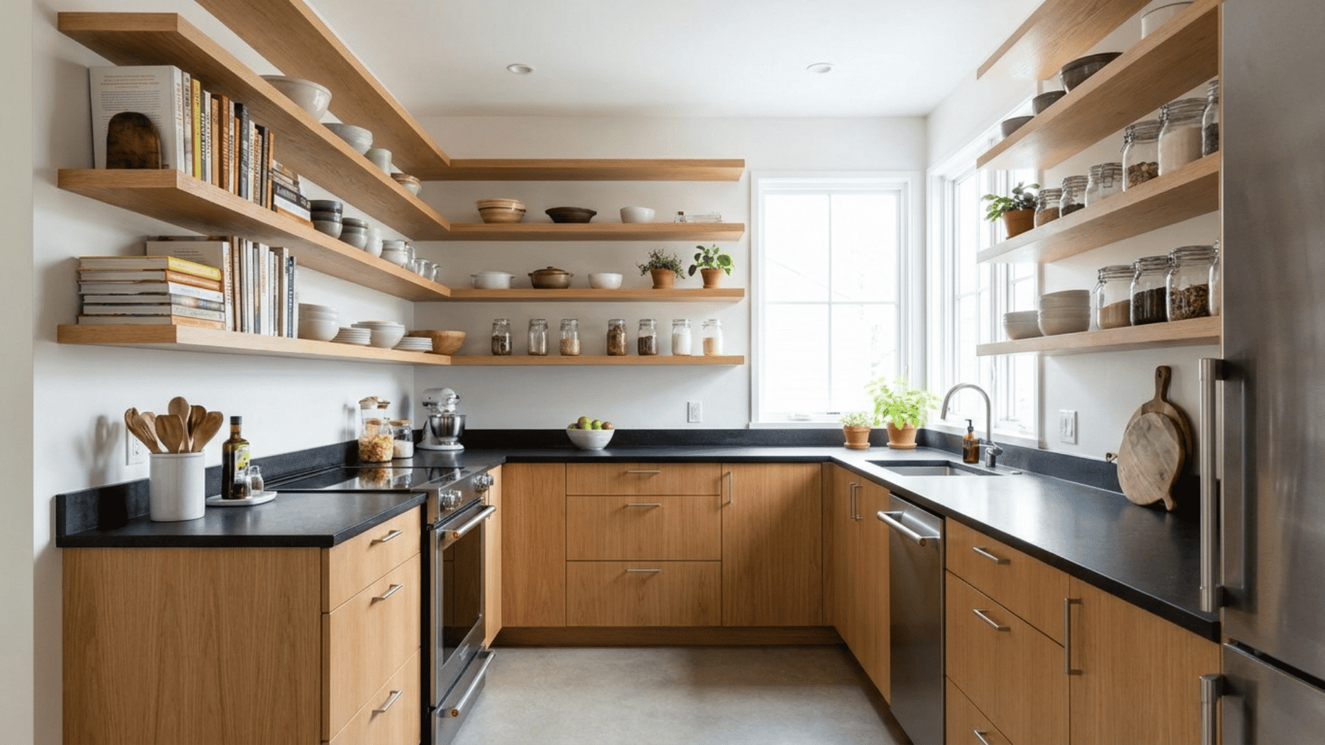 Compact U-shaped kitchen with wraparound shelving for accessible storage.