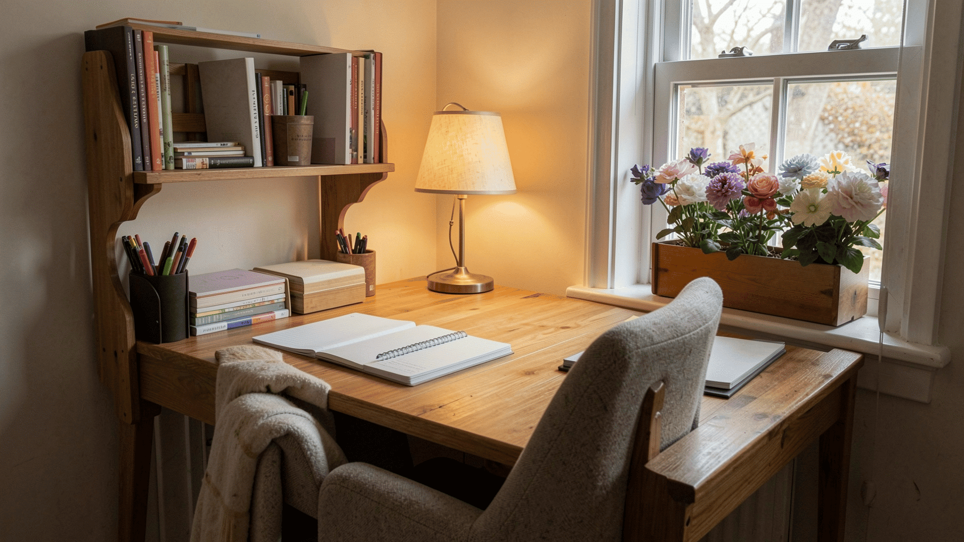 compact writing desk with a comfortable chair positioned near a window creates a peaceful journaling and planning space
