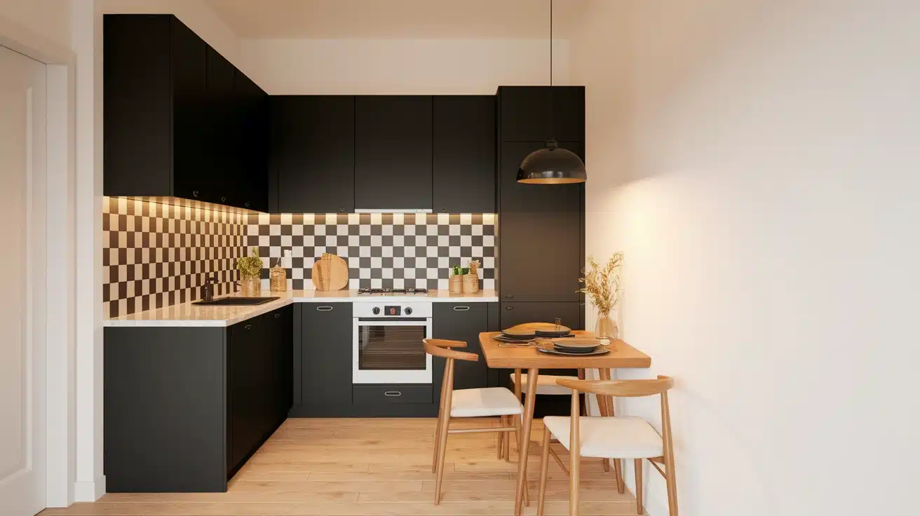 Compact monochrome kitchen with checkerboard backsplash, stove, sink, warm natural lighting