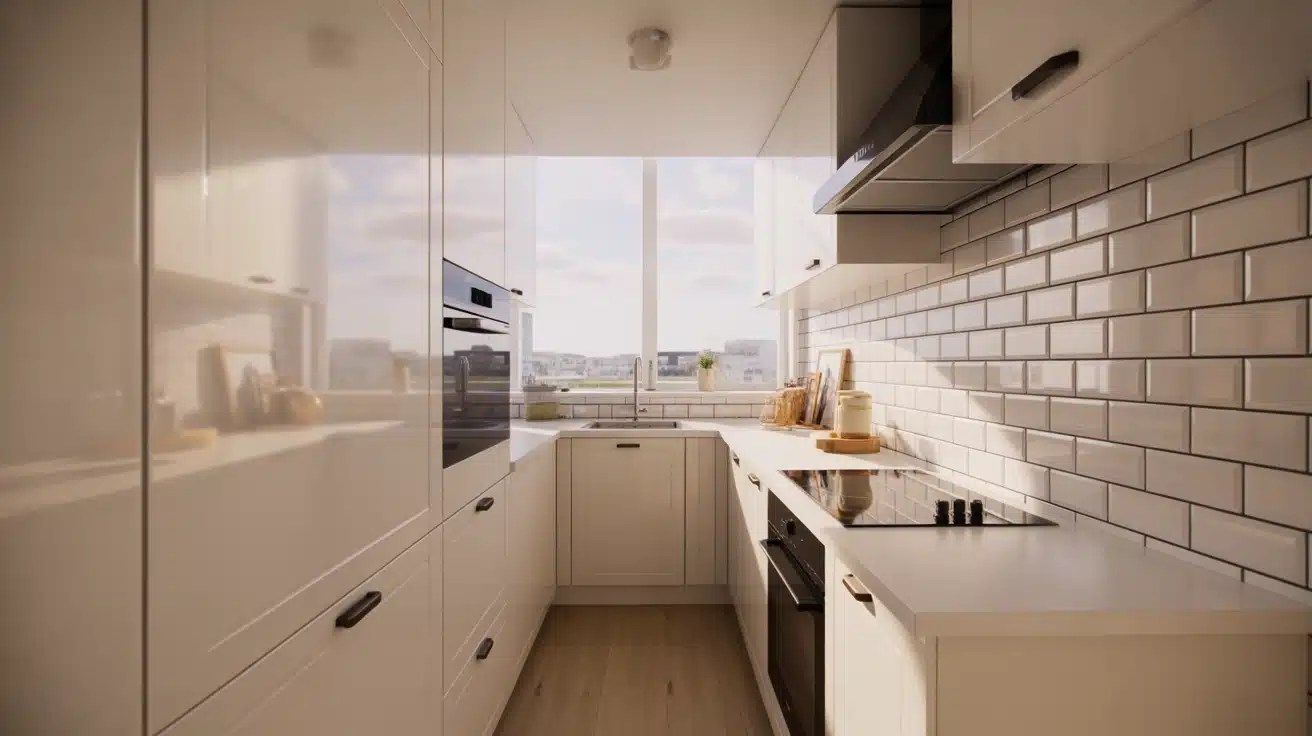 Compact white apartment kitchen with black grout subway tile backsplash and warm natural sunlight