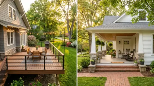 Comparison of a backyard deck on the left and a classic front porch on the right in matching golden hour lighting